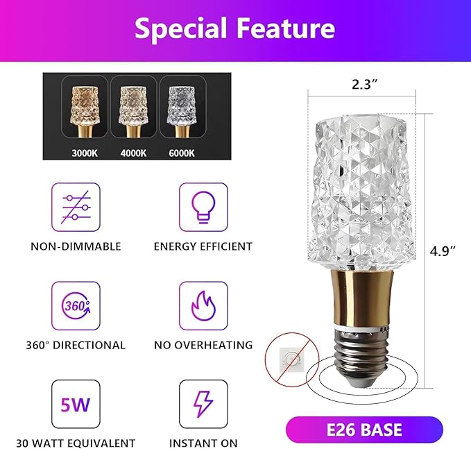 2pcs Acrylic Decorative E26 LED Light Bulbs 5w Equivalent 30 watt, Unique Fancy Light Bulb Soft White 6500k,Non-dimmable Lightbulbs for Living Room Dining Room,150 Lumens (B014-White-6500k, 2pcs)