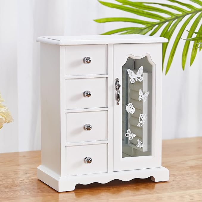 Wooden Jewelry Box, Solid Jewelry Organizer Makeup and Organizer Women Ring Storage with 4 Drawers, Wood Jewelry Case with Mirror for Necklaces Earring Rings, White