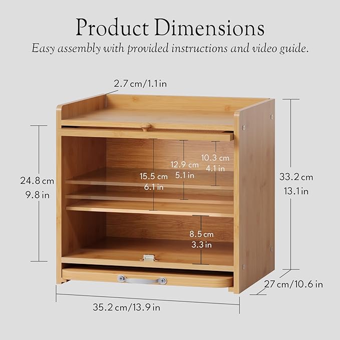 Bamboo Bread Box for Kitchen Countertop, Double Layer Kitchen Counter Organizers and Storage for Fruits, Tea, Spices, Coffee, Vintage Bread Bin Container with Cutting Board, Natural