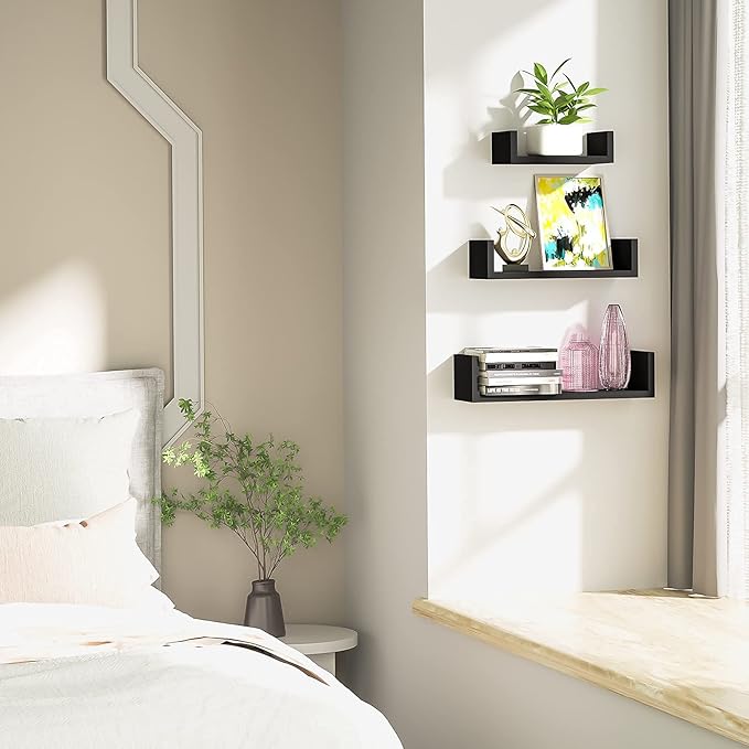 SRIWATANA Floating Shelves Wall Mounted, Solid Wood Wall Shelves, Black