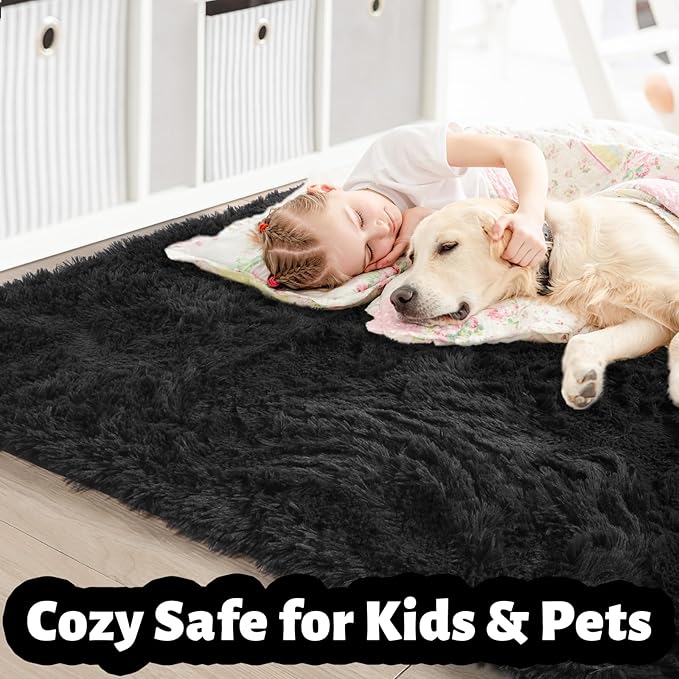 Amdrebio Black Rugs for Bedroom Living Room Decor Aesthetic, Fluffy Shag Furry Area Rugs for Kids, Men, Boys Room, Modern Cool Carpet for Classroom, Apartment, Nursery, Dorm, Office, 4x6 Shaggy Rug