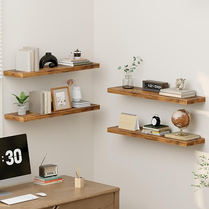 RALGEND Floating Shelves for Wall, 31.5" Long Wall Shelf Set of 4 with Invisible Brackets, 1.5" Thick Hanging Shelves Farmhouse Home Decor for Bathroom, Living Room, Bedroom, Rustic Brown 8301BJP4BF
