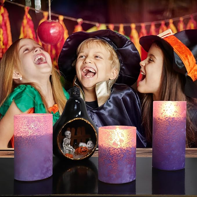 ANGELLOONG Purple LED Candles for Home Decor, Glass Flameless Candles with Remote, Set of 3 Battery Operated Pillar Candle for Fall Halloween Decoration