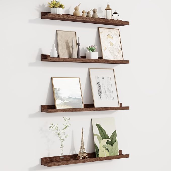Fun Memories Picture Ledge Shelf for Wall, Floating Shelves Set of 4, 24 Inch Long Nursery Book Shelves for Toys Storage, Kids Bookshelf Wall Mounted for Books Photo Frames, Walnut