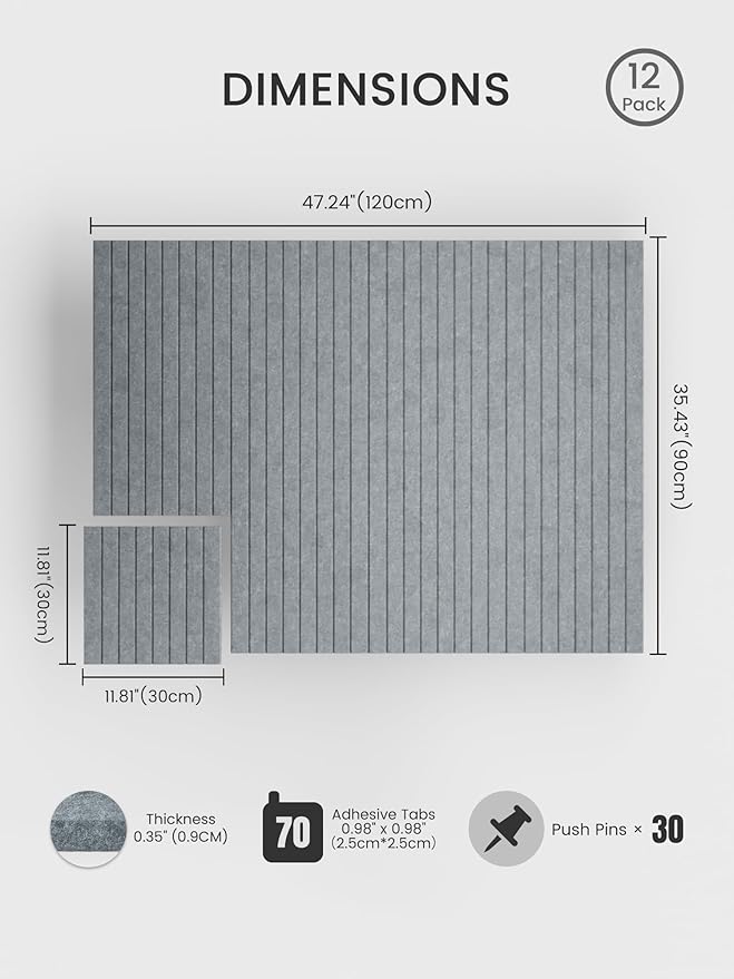 Bumusty Large Cork Board Alternative-48 x 36" Felt Bulletin Board Tiles, with 30 Pushpins, 70 Adhesive Tabs, Fine-Stripe 12-Pack, Cork Boards for Office Push Pin Board Felt Board-Blue Gray