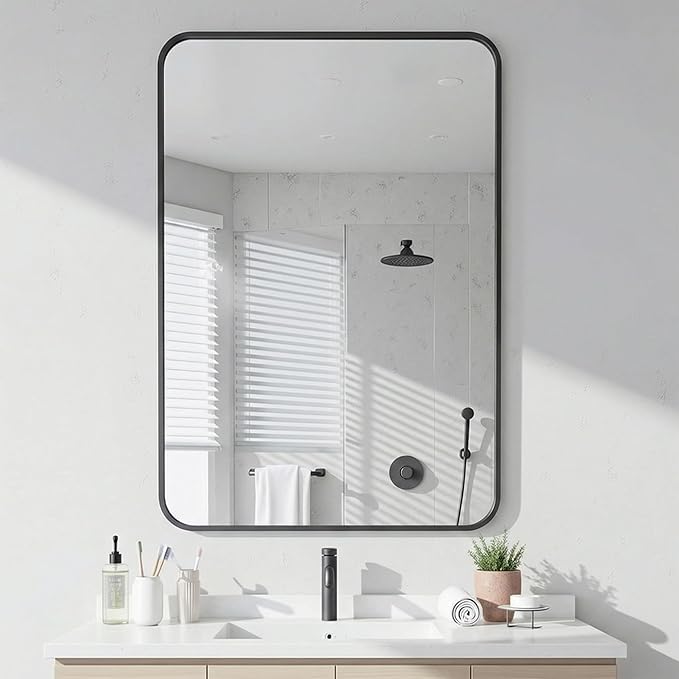 Antok 24x36 Black Metal Framed Bathroom Mirror, Wall Mirror with Round Corners, Vanity Mirror for Over Sink, Anti-Rust Tempered Glass, Horizontal/Vertical Hanging for Bathroom, Living Room, Entryway
