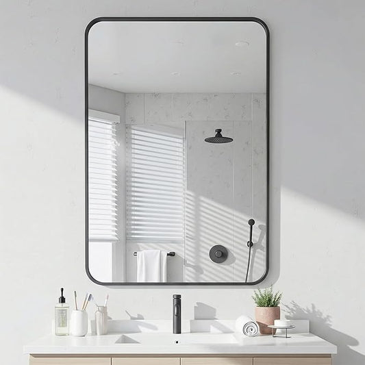 Antok 24x36 Black Metal Framed Bathroom Mirror, Wall Mirror with Round Corners, Vanity Mirror for Over Sink, Anti-Rust Tempered Glass, Horizontal/Vertical Hanging for Bathroom, Living Room, Entryway