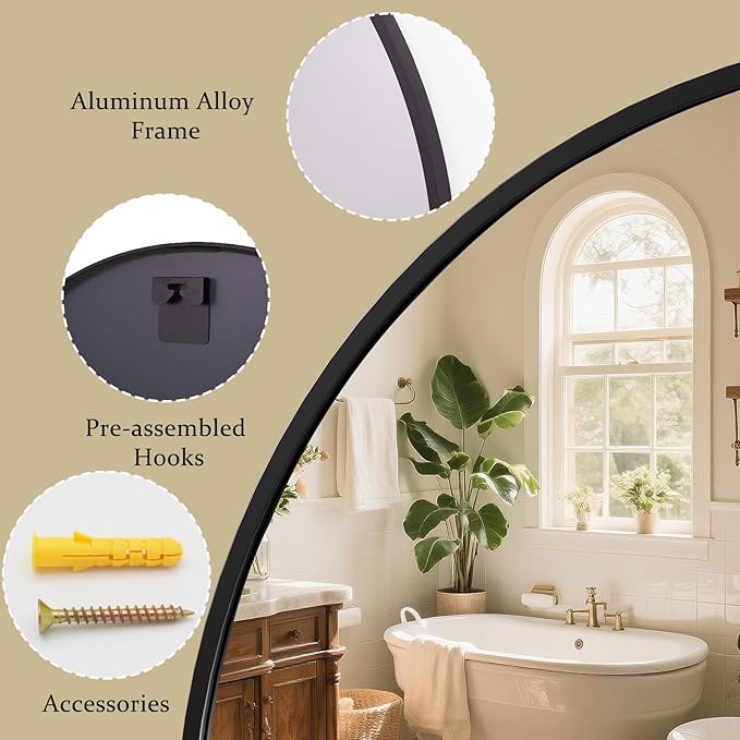 XRAMFY 40 Inch Round Mirror - Circle Mirrors for Bathroom, Entryway and Living Room Wall Decor, Modern Hanging Vanity Mirror, Matte Black Circle Decorative Wall Mirror