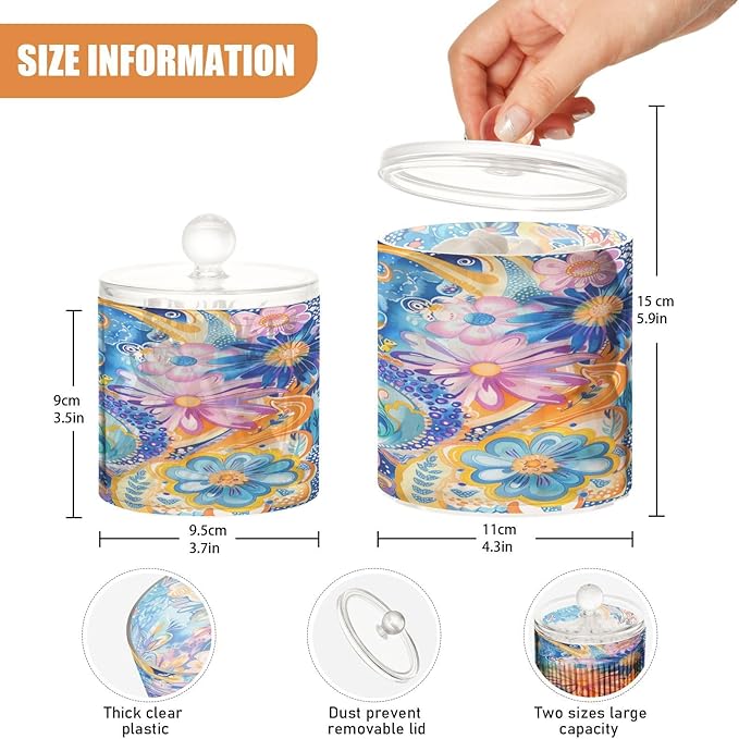 Boho Psychedelic Blue Bloom Clear Plastic Makeup Organizer Storage with lid Office Essentials Decorative Dental floss storage jar for Cotton Swabs,Cotton Pads,Floss Picks,Paper Clips,Hair
