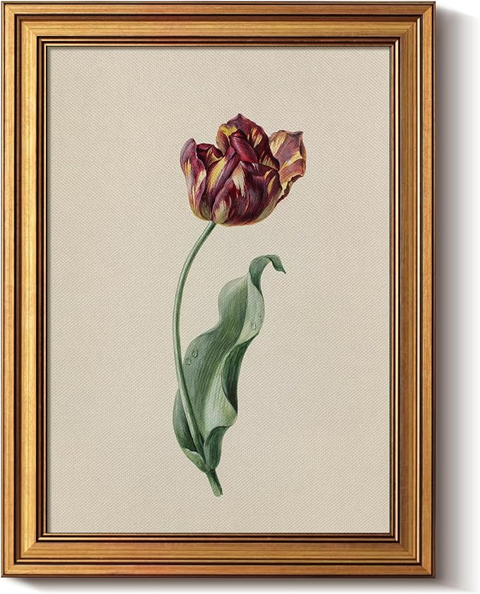 Bzstyleart Vintage Wall Art Decor for Living Room, Gold Framed Flower Wall Art Office, Canvas Vintage Artwork, Canvas Painting Picture Print Bedroom for Mom, 12 x 16 Inch Red Tulip
