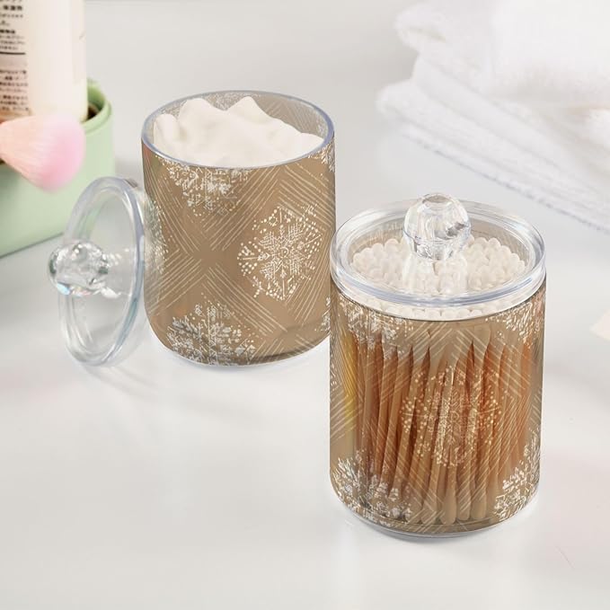 2 Pack Apothecary Jars Snowflake Pattern Design Brown Bathroom Vanity Storage Organizer Set,Small Clear Plastic Storage Jars Bathroom Canister for Cotton Swabs, Rounds, Balls, Qtips,Makeup Spon