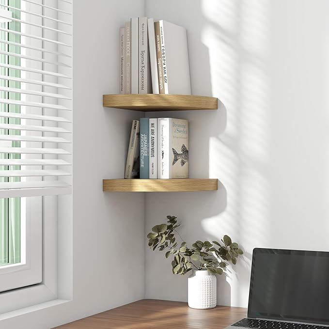 Fun Memories Floating Corner Shelves Set of 2 - Rustic Wood Wall Mounted Storage and Display Shelves for Living Room, Bedroom, Kitchen, Bathroom - Space Saving Home Decor, Oak