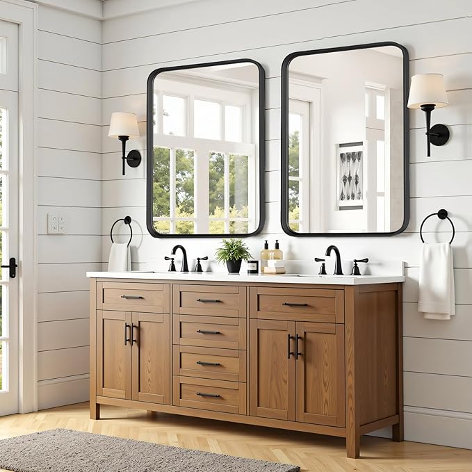 Bathroom Mirror for Wall, 40x30 Inch Rounded Rectangle Mirror, Black Metal Framed Bathroom Vanity Mirror for Restroom Farmhouse, Anti-Rust, Tempered Glass, Horizontally or Vertically Hanging