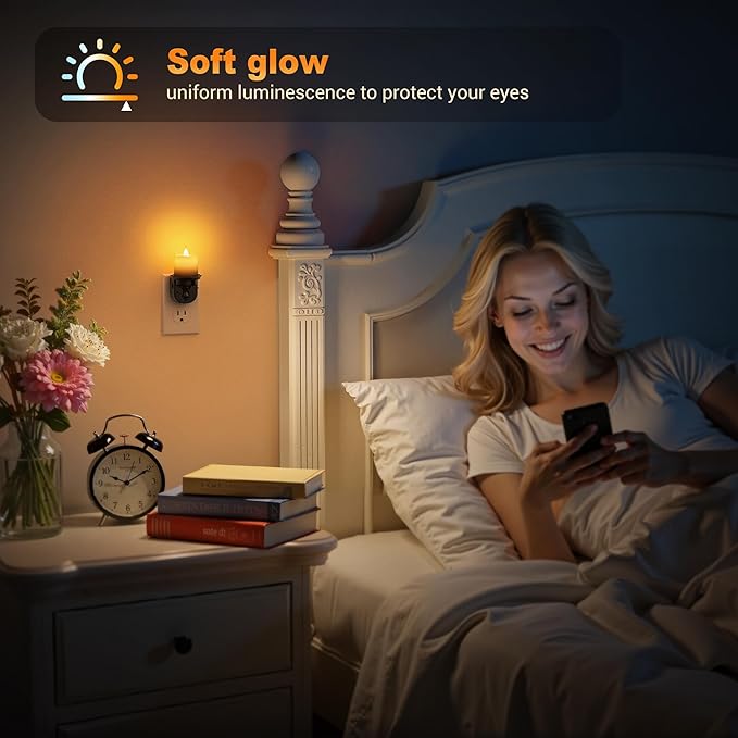 JandCase Night Lights Plug into Wall, 2 Pack Flameless Flickering Electric Fake Candle Night Light with Dusk to Dawn Sensor, 3000K Soft White, 0-100LM Dimmable Nightlight for Bathroom Bedroom Hallway