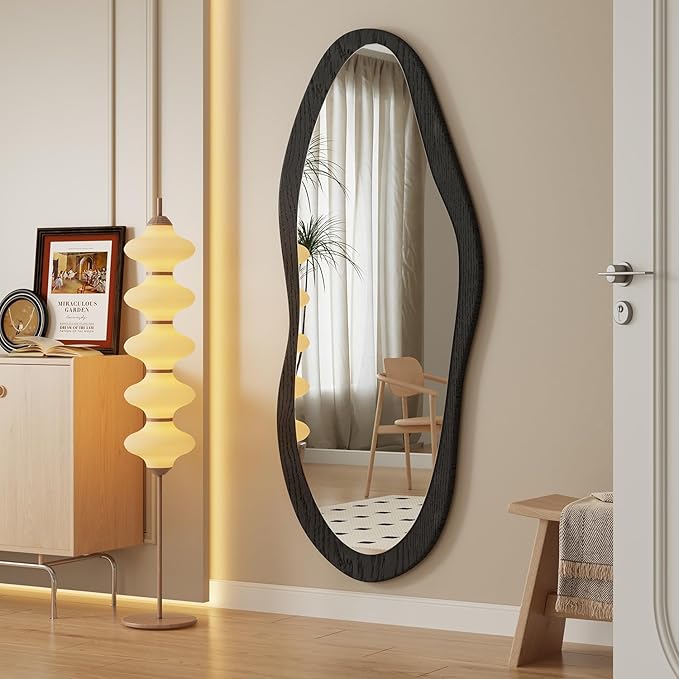AAZZKANG Irregular Wall Mirror Full Length with Wood Framed Large 47"x20" Black Asymmetrical Full Body Mirrors for Bedroom Living Room Entryway