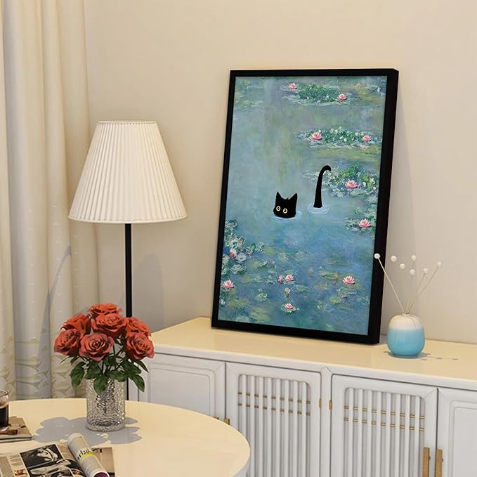 Fantasy Artists Monet Water Lilies Cat Wall Art, Framed Vintage Canvas Art Wall Decor, Funny Black Cat Posters Prints for Bathroom Bedroom Living Room Home Office Decorations 12" Wide X 16" Height