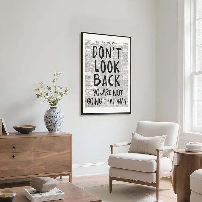 Licpach Retro Black White Newspaper Wall Art Don’t Look Back You’re Not Going That Way Motivational Poster Positive Canvas Print Aesthetic for Office Bedroom Inspirational Decor 20x30inch Black Frame