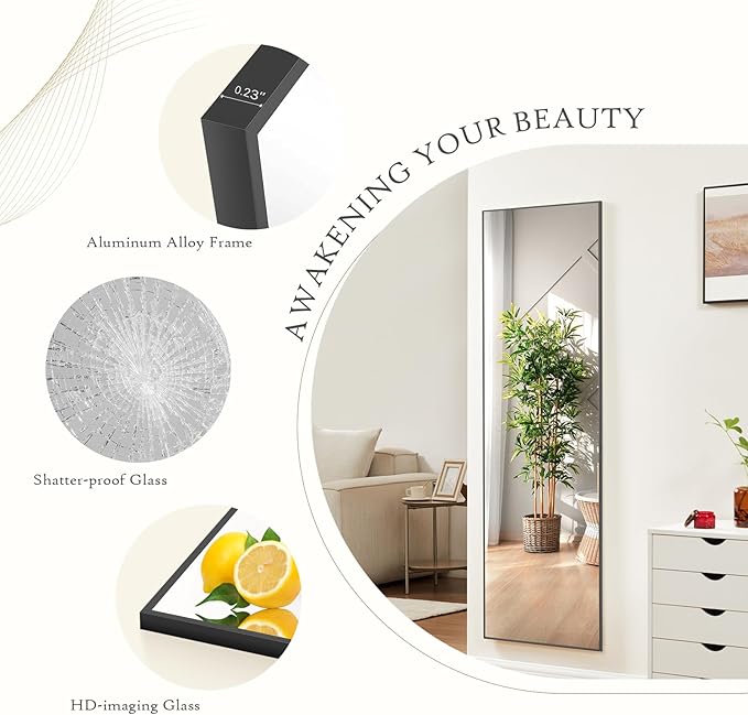 Mirror Full Length, Upgraded Body Wall Mirrors with Shatter-Proof Glass, Floor Standing, Hanging or Leaning, Tall Mirror with Stand Aluminum Alloy Frame for Bedroom