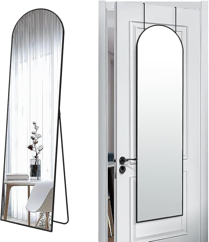 SCWF-GZ 57x16 Door Hanging Full Length Mirror, Floor Stand (Height 5.7ft just Body in1.3ft) / Wall Mounted Metal Frame Arch Dressing Mirrors for Bedroom Living Room 57 inch Black