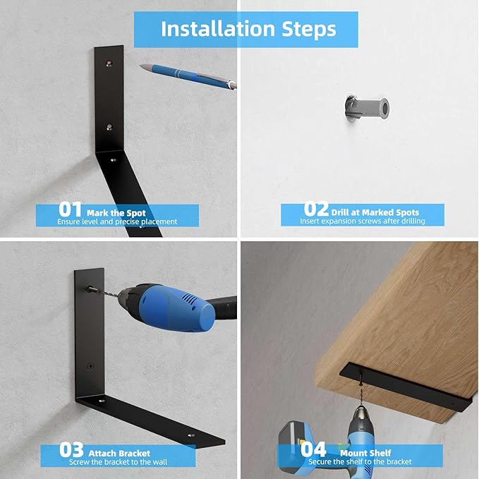 6-Pack Heavy Duty 12-Inch Black Shelf Brackets, L Shelf Bracket 12 Inch for Floating Shelves, 1/5-Inch Thick