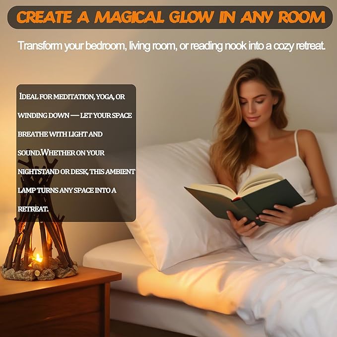 LED Night Light Wooden Campfire LED Dimmable Lamp with 3 Lighting Modes & Flame Sound, USB Powered Kids Nightlight & Desk Lamp for Bedroom, Office, and Relaxation, M