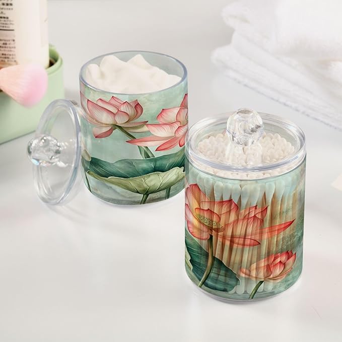 Nander 2Pack Beautiful Watercolor Lotus Flower Qtip Holder Dispenser -Clear Plastic Apothecary Jars Set - Restroom Bathroom Makeup Organizers Containers for Cotton Swab, Ball, Pads, Floss