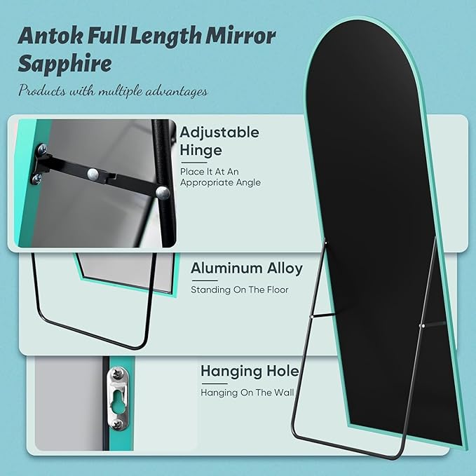 Antok 58" x18” Arched Full Length Floor Mirror, Blue Aluminum Frame, Free Standing/Wall Mount/Leaning for Bedroom, Living Room, Dressing Room