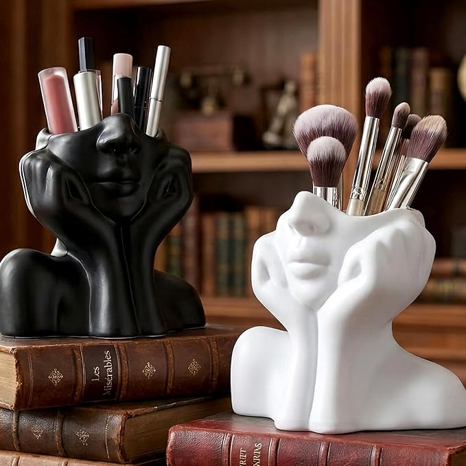 Face Vase – Small Human Body Art Vase in Resin,Women’s Head Shape for Flowers, Makeup Organizer & Desk Decor (White)