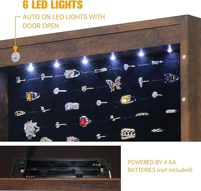 LED Jewelry Cabinet Armoire Organizer,Wall/Door Mount Jewelry Organizer and Storage with Full-Length Mirror Hanging Jewelry Organizer Full Length Mirror with Storage Large Capacity