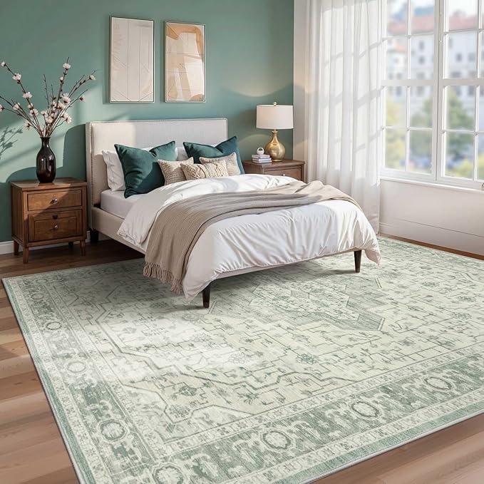 Rugxara 8x10 Washable Area Rug for Living Room, Extra Large Vintage Boho Rugs for Office, Kids Room, Farmhouse, Durable Low Pile Non Slip Carpet for High Traffic Areas, Sage Green