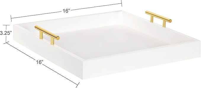 Kate and Laurel Lipton Square Decorative Wood Tray with Metal Handles, 16" x 16", White and Gold, Modern Serving Tray for Storage Or Display