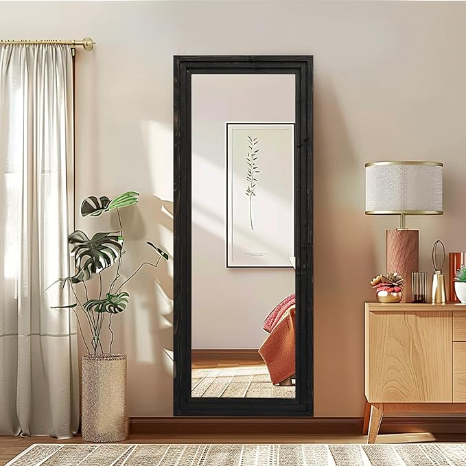 Full Length Mirror 58"x22" Solid Wood Frame Floor Large Mirror for Living Room, Bedroom Hanging or Leaning Wall-Mounted, Black