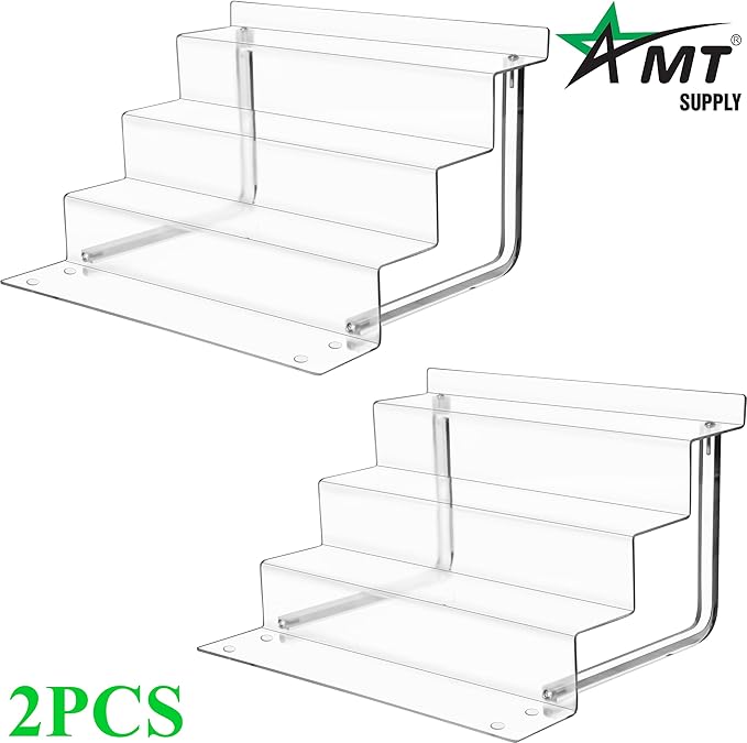 AMT Acrylic Riser Display Stand, 100% Acrylic Clear 4-Tier Organizer for Figures, Cupcake, Perfume, Sunglasses (12 inch x 2.75 inch) 2-pack