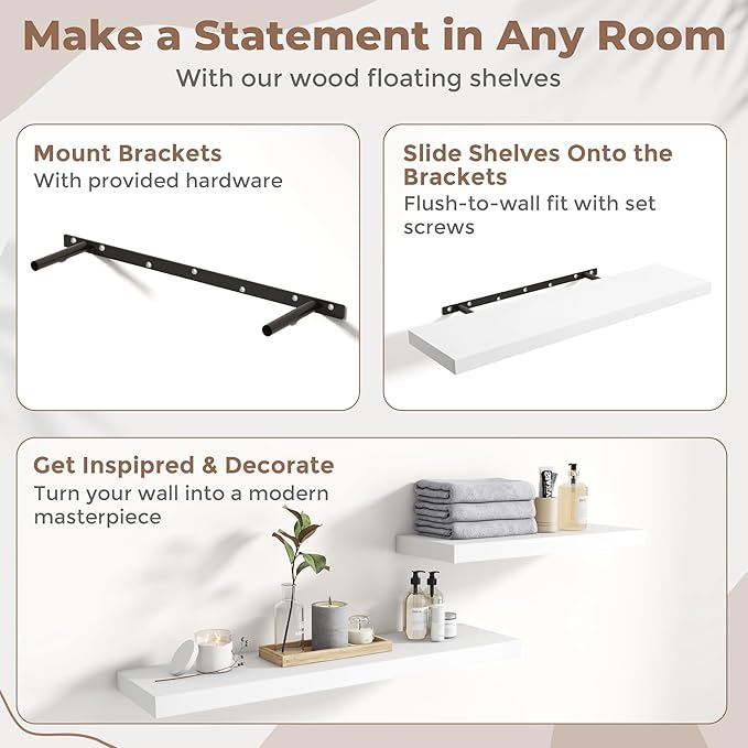 40 Inch Floating Shelves for Wall with Invisible Brackets Set of 2, 9"D Engineered Wood Wall Shelves with Wood Grain for Living Room, Bedroom, Bathroom, Kitchen Decor and Storage, White Finish