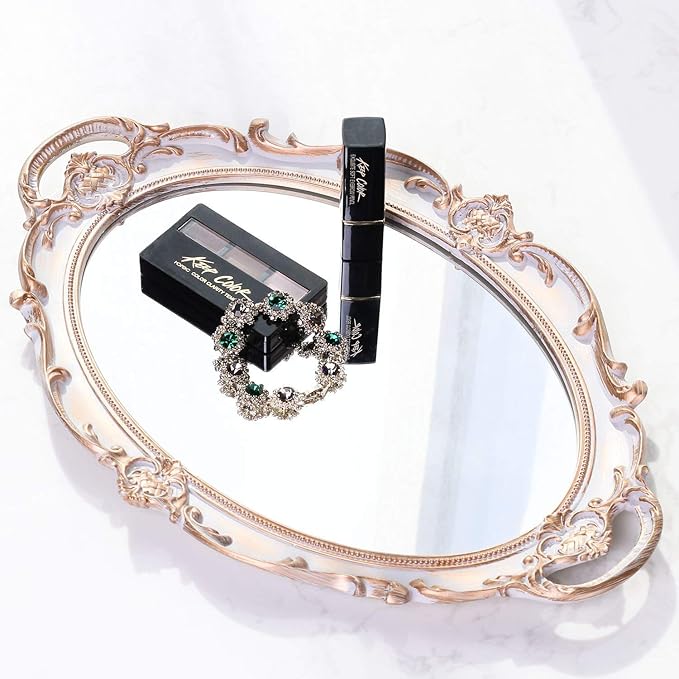 Oval Decorative Mirror Tray, French Style, Makeup Organizer, Jewelry Organizer, Serving Tray, 9.8"x 14.6", Golden White