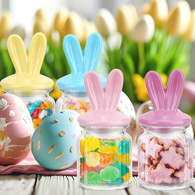 Easter Centerpieces for Table - 4 Pcs Easter Candy Jar with Ceramic Bunny Ear Lids, Easter Cookie Jar for Coffee Bar Bunny Home Decor