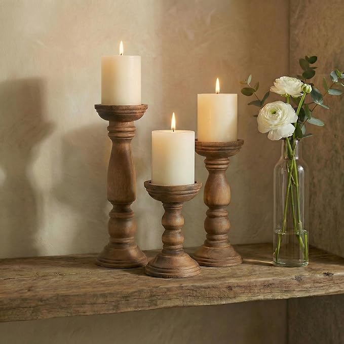 Farmhouse Wooden Candle Holders for Pillar Candles Set of 3, Rustic Wood Candle Holder Table Centerpiece Decor, 12'' 9'' 6'' Vintage Tall Candle Stand Decorative, Brown