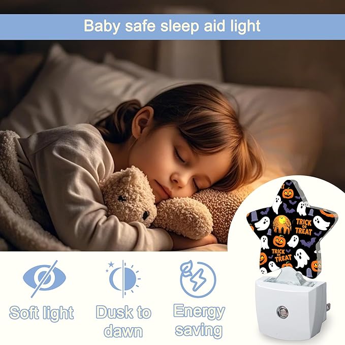 Halloween Pumpkin Night Light,Ghost Bats Plug-in Star Night Lights with Dusk-to-Dawn Sensor for Bedroom,Bathroom,Living Room Sleep Friendly Lamp for Women Girls Boys Gift,0.5W