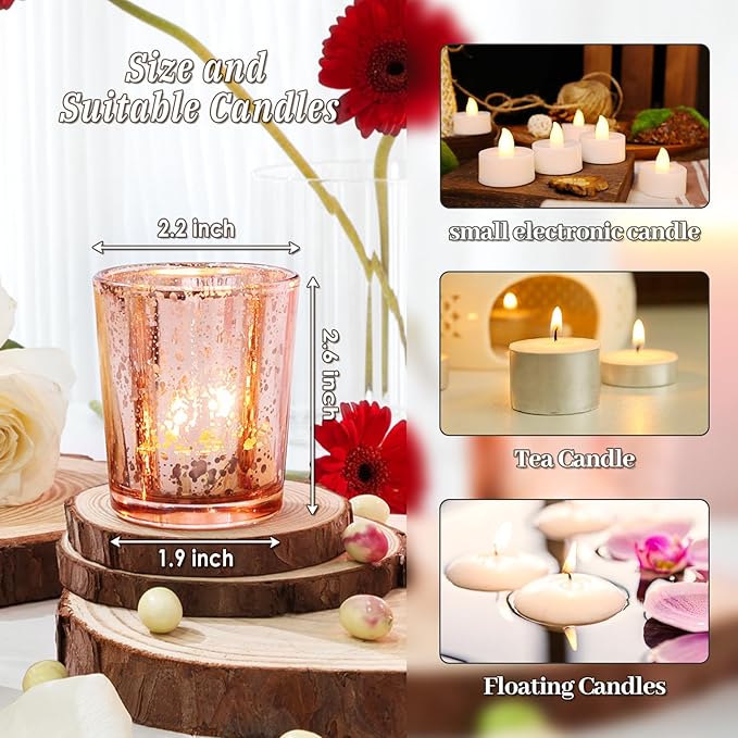 UPBUD Votive Candle Holders Set of 24, Speckled Mercury Rose Gold Glass Candle Holders for Wedding Centerpiece Table Decorations, Tealight Candle Holder for Party Bridal Shower Decor, Home Decor