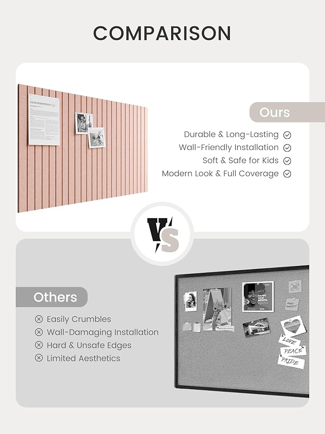 Bumusty Large Cork Board Alternative-36 x 24" Felt Bulletin Board Tiles, with 30 Pushpins, 40 Adhesive Tabs, Fine-Stripe 6-Pack, Cork Boards for Office Push Pin Board Felt Board-Pink