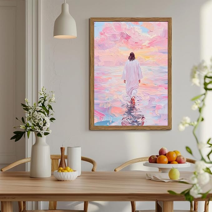 Pink Jesus Walking On Water Wall Art, Frame 3D Textured Hand Drawn Sandstone Christian Wall Decor Paintings Religious Savior Pictures for Living Prayer Room Bedroom, 24x36 in Wood Framed