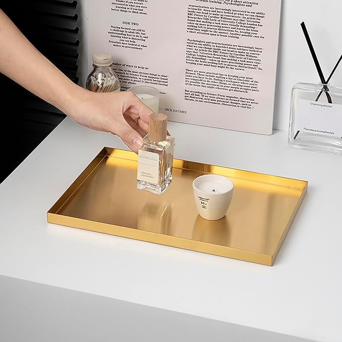 FREELOVE Gold Tray for Bathroom Vanity Brass Decor, Small Candle Holder, Rectangle Soap Dish, Brushed Square Plate, Coffee Table Toilet Back Modern Antique, 10''X15''