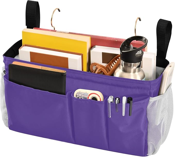 Dark Purple Bedside Caddy Storage Bag Bedside Organizer for Bunk Bed Headboards College Bedside Shelf Hanging Organizer 6 Pockets with Hooks for Magazine Water Bottle Holder