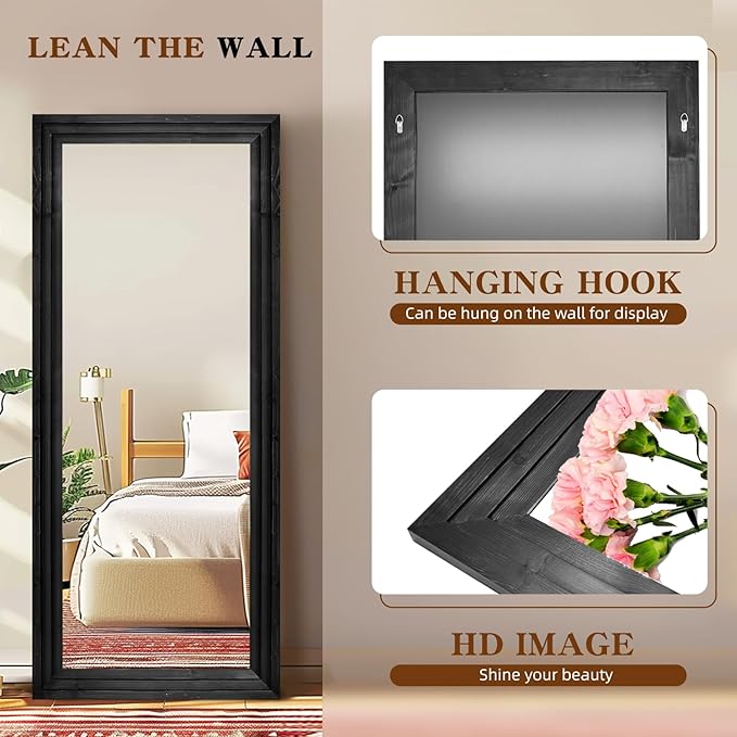 Full Length Mirror 71"x30" Solid Wood Frame Floor Large Mirror for Living Room, Bedroom Hanging or Leaning Wall-Mounted, Black