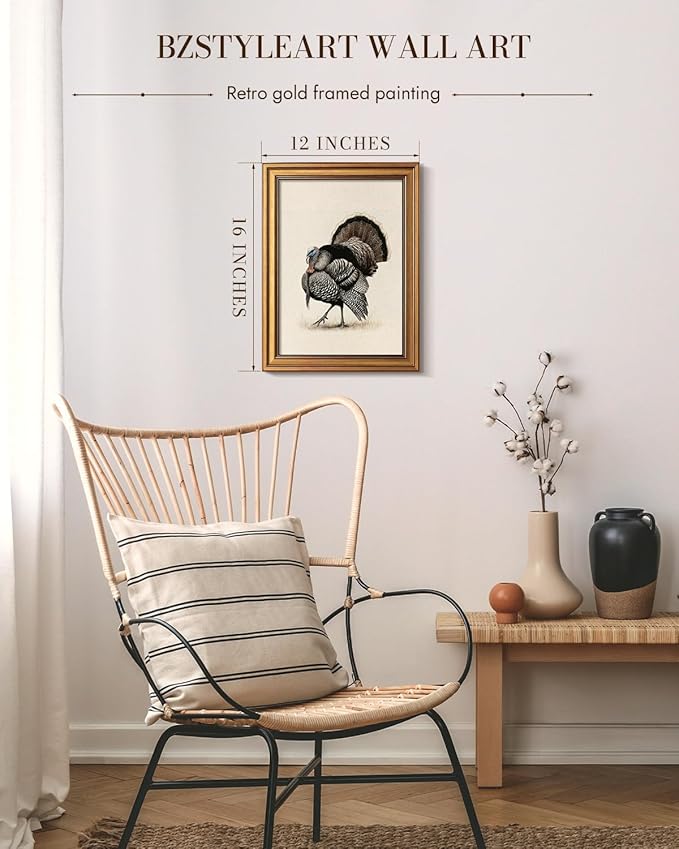 Bzstyleart Vintage Wall Art Decor for Living Room, Sketch Turkey Thankgiving Wall Art, Canvas Picture Bedroom Decor Aesthetic, Rustic Autumn Harvest Bird Artwork, Thanksgiving Holiday 12 x 16 Inch
