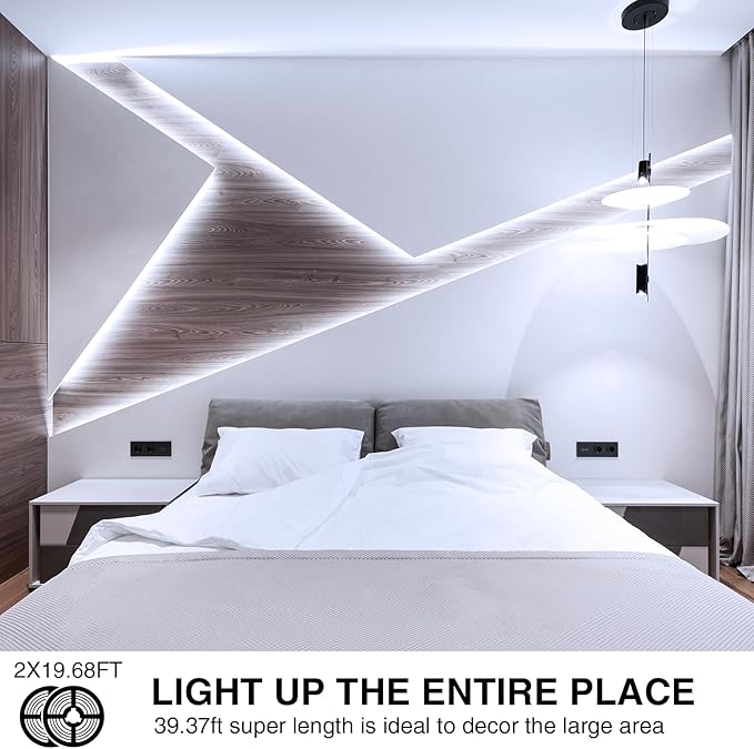 Onforu LED Strip Lights,39.37ft 6000K Dimmable Daylight White Tape Light,12m 720 LEDs 2835 Flexible Ribbon Mirror Light, 12V Adhesive Rope Lights for Kitchen, Under Cabinet, Bedroom (Pack of 2)