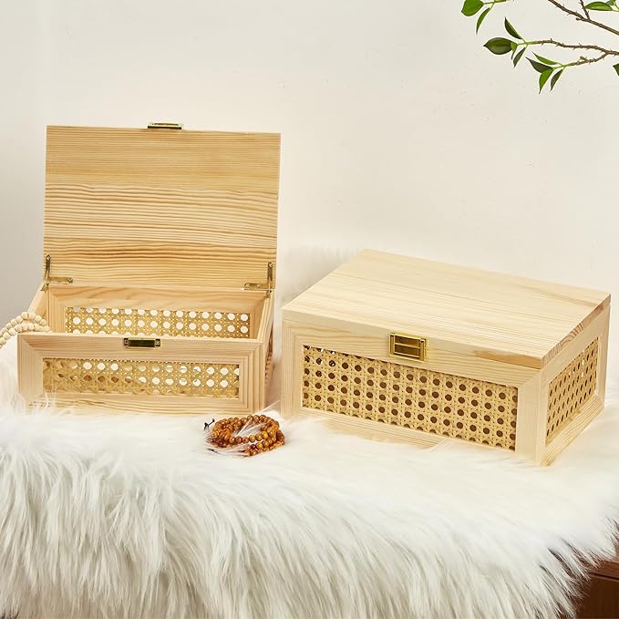 Decorative Rattan Storage Boxes Solid Wood Woven Baskets Bins with Lid Keepsake Memory Jewelry Box Natural Boho Shelf Wicker Closet Desk Organizer Container (Light Wood, Small Size)