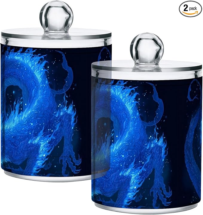 2 Pack Apothecary Jars Dark Blue Fire Dragon Bathroom Vanity Storage Organizer Set,Small Clear Plastic Storage Jars Bathroom Canister for Cotton Swabs, Rounds, Balls, Qtips,Makeup Sponges, Flos