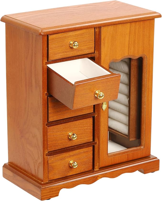 Wooden Jewelry Box, Jewelry Organizer With 5 Drawers Built-in Necklace Carousel and Mirror for Necklaces, Earring, Rings (Light Wood Color)