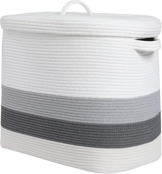 22"x14"x18" Rectangular Extra Large Storage Basket With Lid, Large Cotton Rope Storage Basket, Woven Laundry Hamper, Cloth Storage Bin, for Clothes Towels Blankets in Living Room, Double Graded Grey